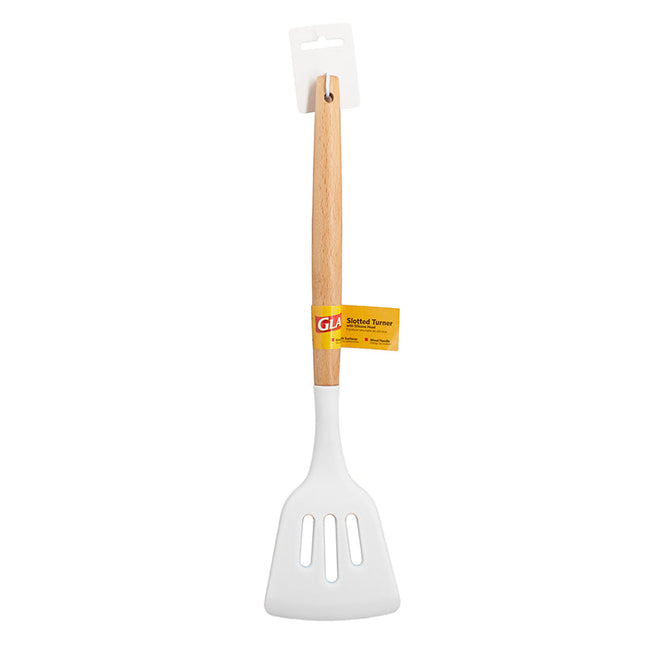 Glad Silicone Slotted Turner With Wood Handle - White