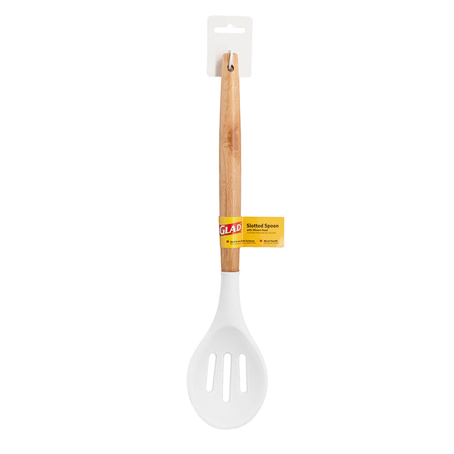 Glad Silicone Slotted Spoon With Wood Handle - White